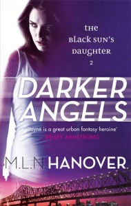 Cover for Darker Angels, featuring Jayné Heller in purple with cityscape of New Orleans