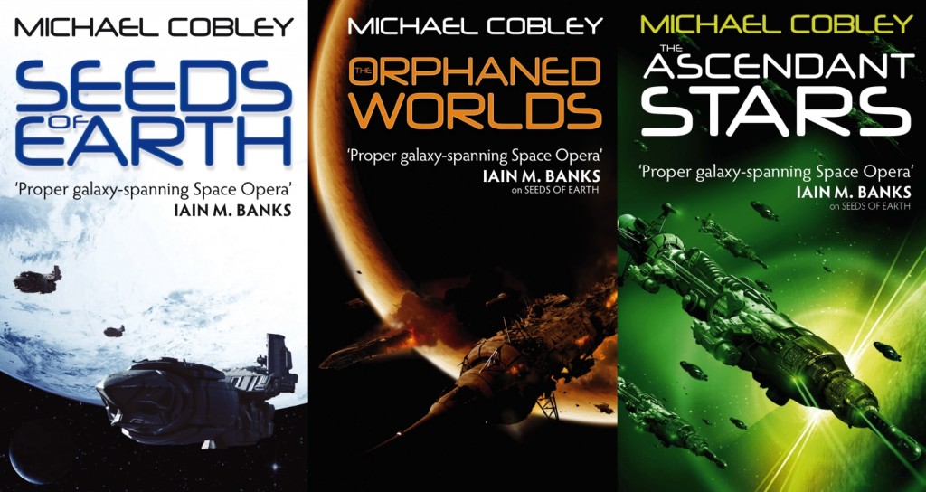 the three covers for the novels in Mike Cobley's Humanity's Fire trilogy